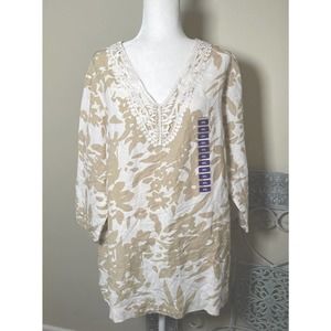 Premise Womens Size 2XL XXL Beige & White Tropical Floral Tunic Top Linen Blend
